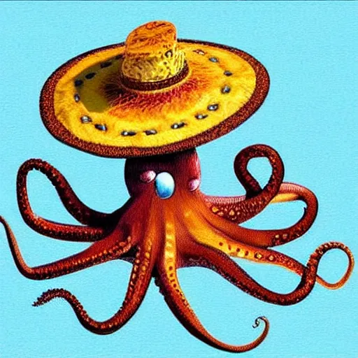 Image similar to octopus with a sombrero, photorealistic