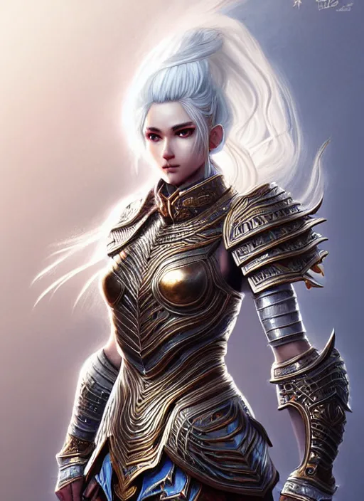 Image similar to warrior, intricate ornate opal heavy armor!!! beautiful and athletic white hair female!! gorgeous face and eyes!! character concept art, sharp focus, octane render! unreal engine 5! highly rendered!! trending on artstation!! detailed linework!! illustration by artgerm, wlop, and chie yoshii