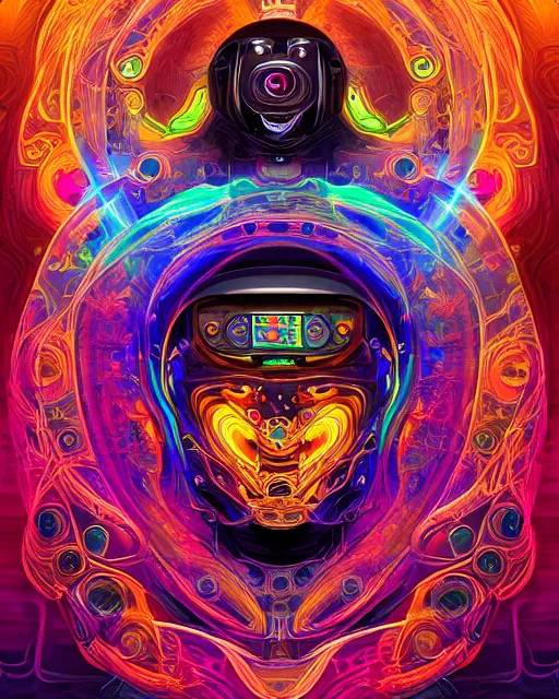 Prompt: Biomechanical ayahuasca robot portrait, psychedelic swirls, groovy, LSD, by ross tran, frank frazetta, dan mumford, alena aenami