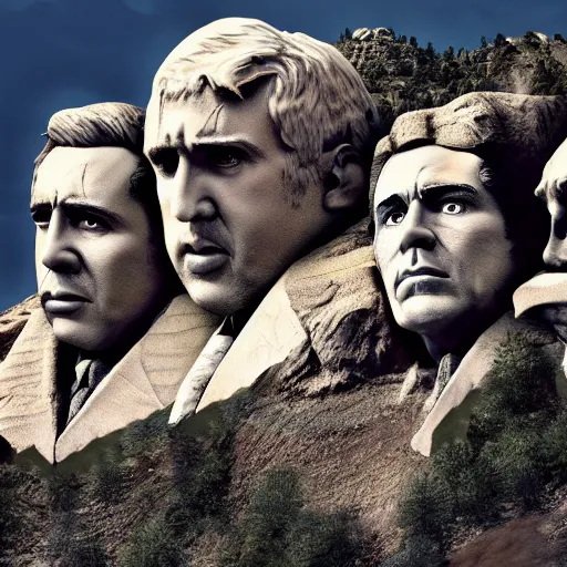 Image similar to nicolas cage in a mount rushmore, octane render, highly detailed digital art, digital photography, concept art, unreal engine, 4k, 8k, ultra HD, fun, laughs, dark humour