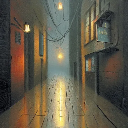 Image similar to strange alleyway, rainy night by Shaun Tan