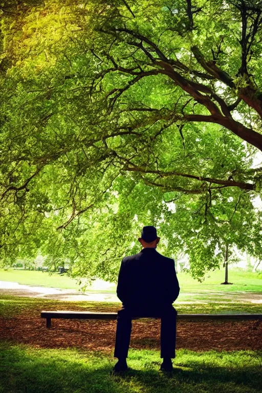 Image similar to a detective from the 5 0's, sitting in a park under a big tree