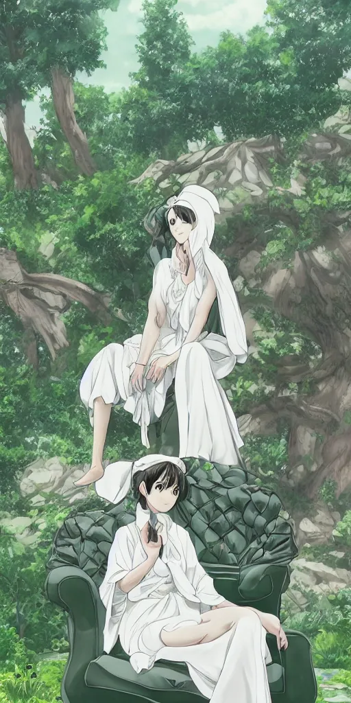 Prompt: landscape shot of a highly detailed queen sitting by herself on a sofa in a forest wearing a white robe drawn by CloverWorks, elegant, beauty,