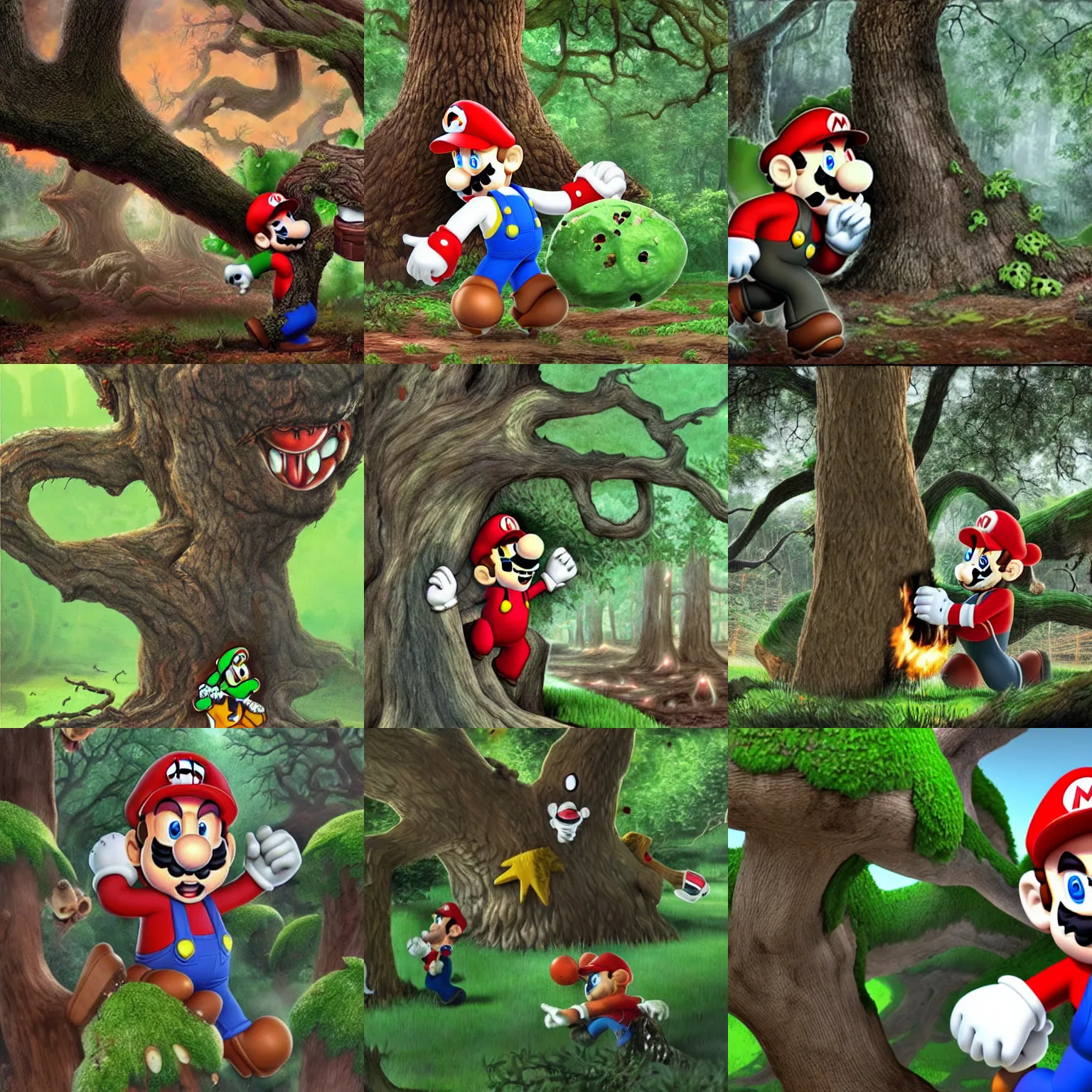 Prompt: horror mario smashing old oak tree in a forest, realistic, extremely high detail, hyperdetailed