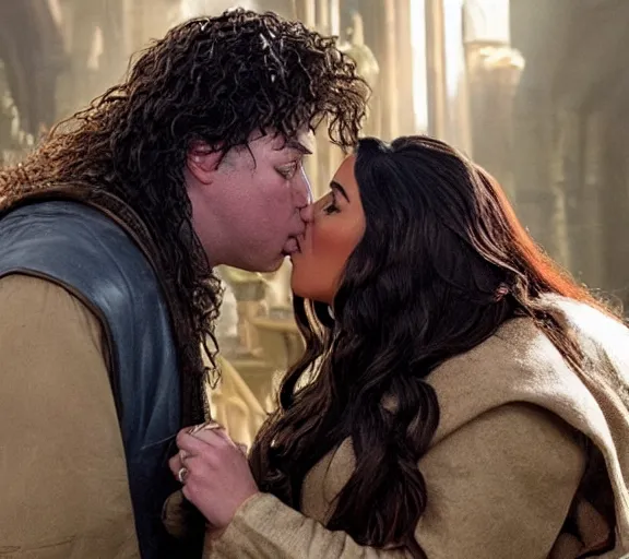 Image similar to a movie still of kim kardashian kissing hagrid in the movie harry potter