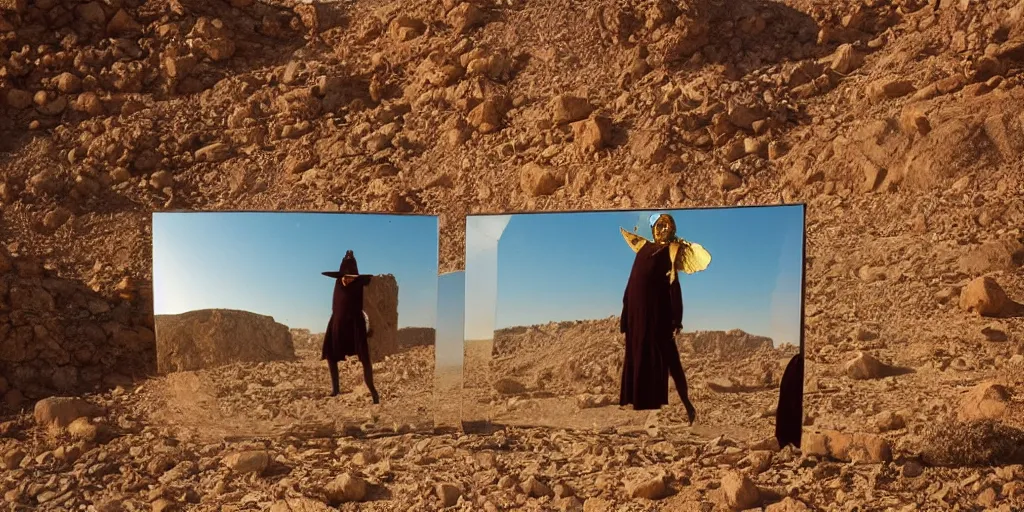 Image similar to levitating woman with full - face golden mask in a dry rocky desert landscape, visible sky and sunny atmosphere, fata morgana and giant square mirrors by alejandro jodorowsky, anamorphic lens, kodakchrome, practical effects, masterpiece, 8 k