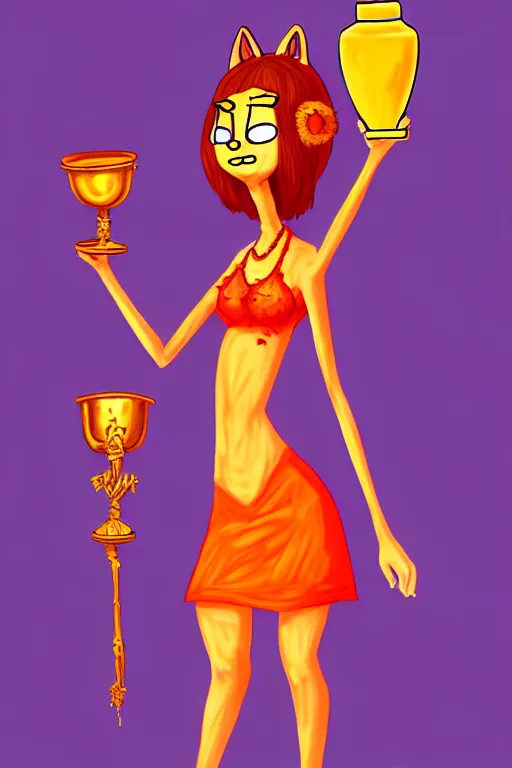 Image similar to fullbody!! personification of garfield the cat garfield goddess holding a blood chalice, stunning, cat face, professional character concept art by tatyana kupriyanova