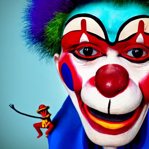 Image similar to a photo of a monkey with clown paint, sidelit, a stock photo by paul harvey, shutterstock contest winner, neo - primitivism, creative commons attribution, behance hd, freakshow