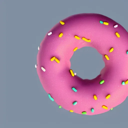 Prompt: 3 d render of realistic pink frosted donut with sprinkles, the donut has a bite taken out of it