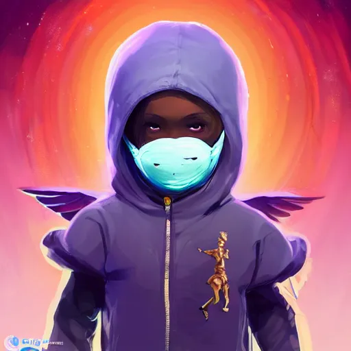 Image similar to baby Angel, baby cherub,wearing angel halo, ski mask, balaclava, face covered, wearing angel halo covered face, orange hoodie, hip hop, multiple golden necklaces, fantasy art apex fortnite Video game icon, 2d game art gta5 cover , official fanart behance hd artstation by Jesper Ejsing, by RHADS, Makoto Shinkai and Lois van baarle, ilya kuvshinov, rossdraws