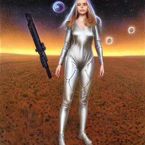 Image similar to pleiadian woman with big eyes and long silver hair wearing a dark body suit and wielding a plasma gun as a realistic sci fi character, portrait art by donato giancola and greg rutkowski, digital art, trending on artstation, standing in a barren field