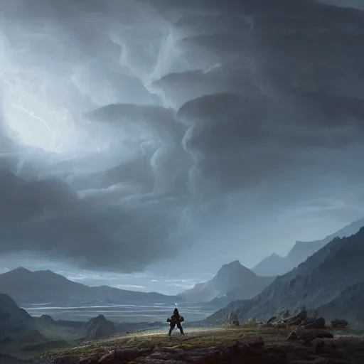 Prompt: a beautiful stunning insanely detailed complex matte painting of a robot wanderer looking at a storm in the distance. mountains, epic scale, vast, by Greg Rutkowski, artstation