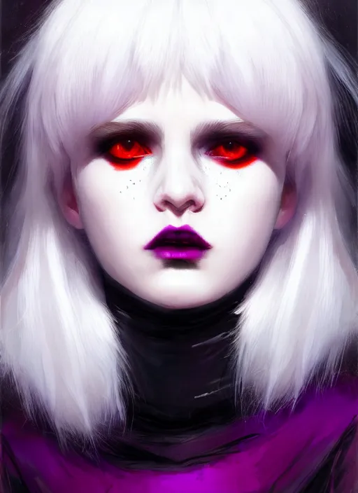 Image similar to portrait of white teenage girl, normal face, white bangs, mall goth, cyberlox, black and white hair, bangs, fluffy bangs, red contact lenses, purple lipstick, intricate, elegant, highly detailed, digital painting, artstation, concept art, sharp focus, smooth, illustration, art by wlop, mars ravelo and greg rutkowski