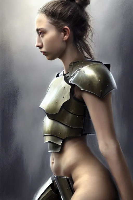 Image similar to a photorealistic painting of an attractive young girl, partially clothed in stealth-like battle armor, olive skin, long dark hair, beautiful bone structure, symmetrical face, perfect eyes, intricate, elegant, digital painting, concept art, illustration, sharp focus, minimal artifacts, from Metal Gear, in the style of Ruan Jia and Mandy Jurgens and Greg Rutkowski, trending on Artstation, award winning