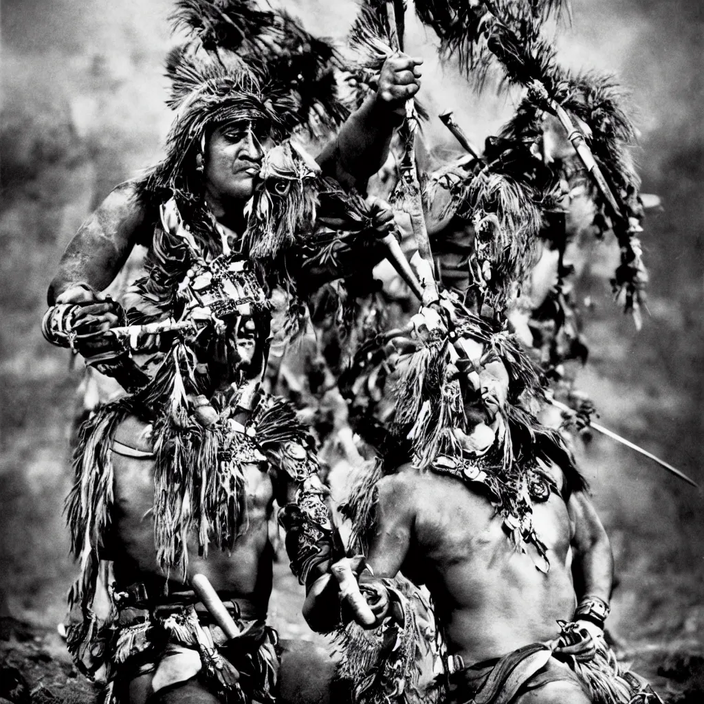 Image similar to Maori warrior during ancient extreme sports by david lachapelle, old photo, black and white, vintage