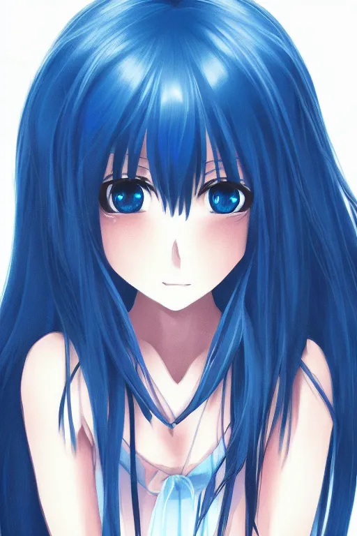 Image similar to close up portrait of an anime girl, blue long hair, by mai yoneyama, anime stile, cell shading, blurred background