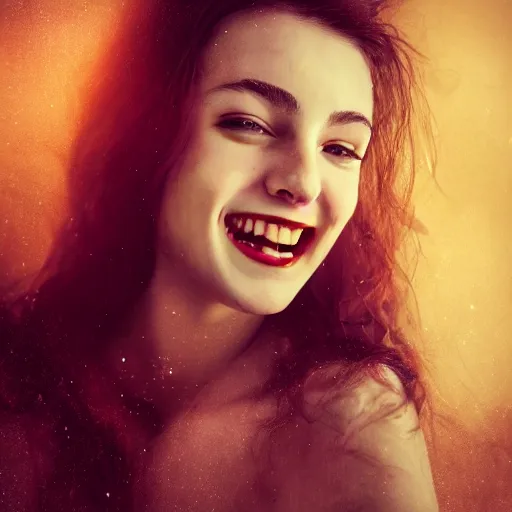 Image similar to cinematic shot of a vampire young woman smiling, epic portrait, hyper realistic, detailed face, seduction, pretty, hyper detailed, super realistic, perfect lighting pixel sorting, style sheet