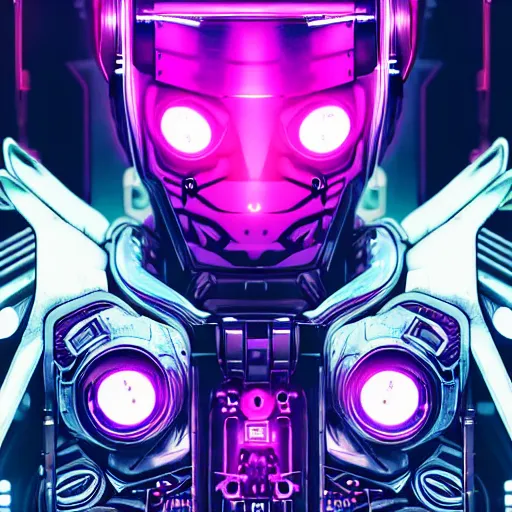 Image similar to Head of a robot with purple glowing eyes in cyberpunk neon Tokyo in style of Tsutomu Nihei. Cyberpunk, vertical symmetry, 8K, Highly Detailed, Intricate.