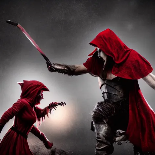 Prompt: red riding hood warrior fights a werewolf, highly detailed, dramatic lighting, cinematic, 4k