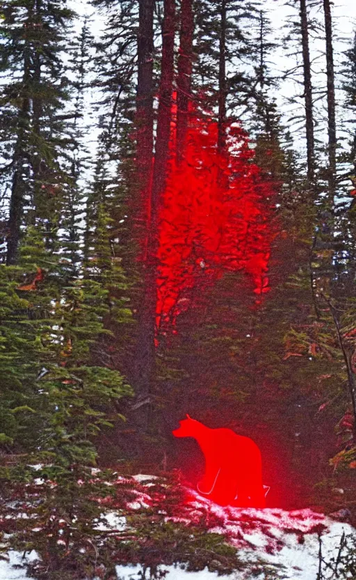 Image similar to real life photo of a red glowing bear in the canadian wilderness,