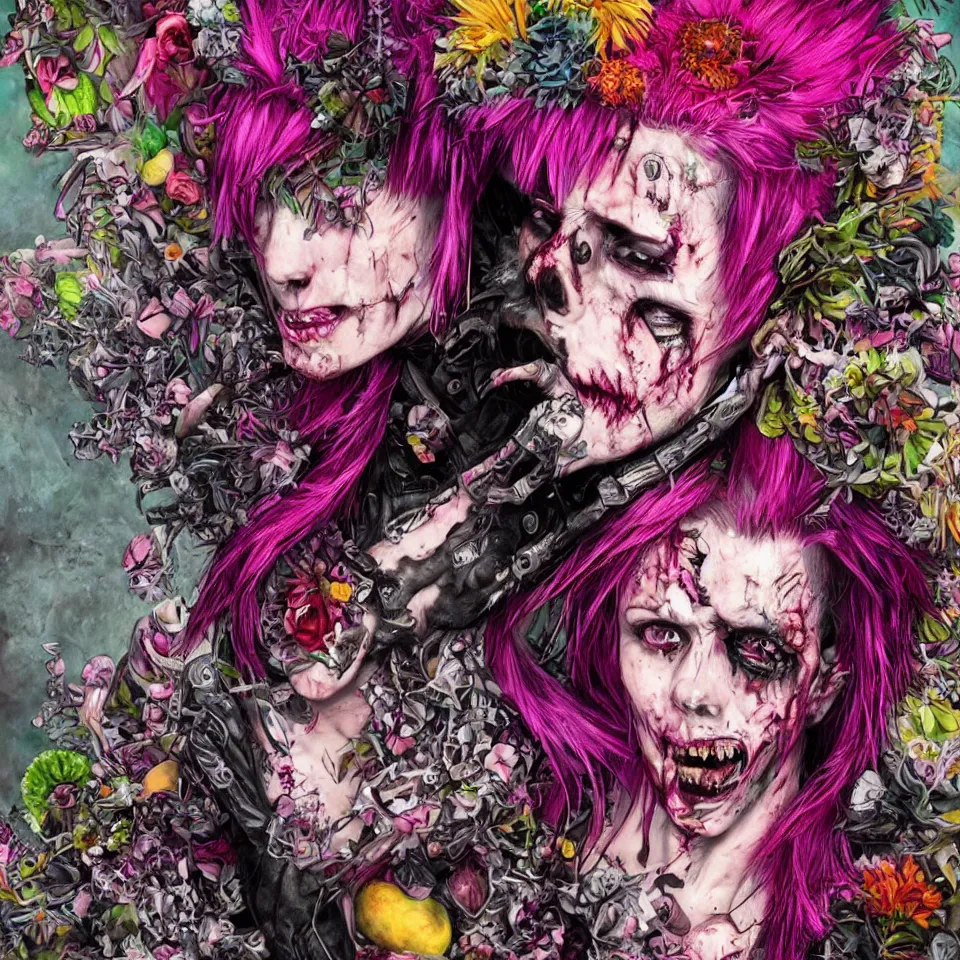 Prompt: ultra realistic portrait of a punk rock zombie with pink crystalline hair made out of flowers and fruit, vanitas, multicolored background, vivid colors, dramatic lighting, intricately detailed, photorealistic, frank frazetta, epic lighting, whimsical