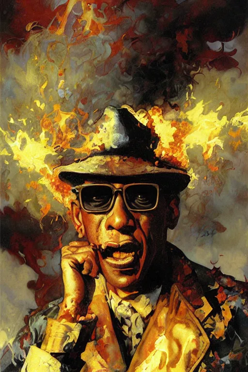 Image similar to gus fring screaming, explosion, exploding, flames, motion lines, action lines, painting by'phil hale '!!! gaston bussiere, craig mullins, greg rutkowski, alphonse mucha,