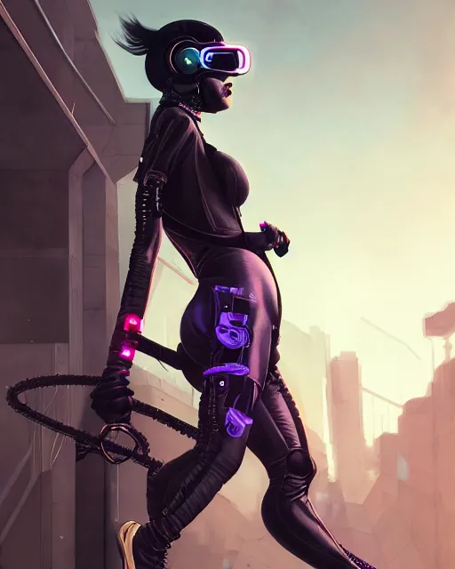 Image similar to girl wearing cyberpunk intricate catsuit riding bike, respirator, detailed portrait, cell shaded, 4 k, concept art, by wlop, ilya kuvshinov, artgerm, krenz cushart, greg rutkowski, pixiv. cinematic dramatic atmosphere, sharp focus, volumetric lighting, cinematic lighting, studio quality