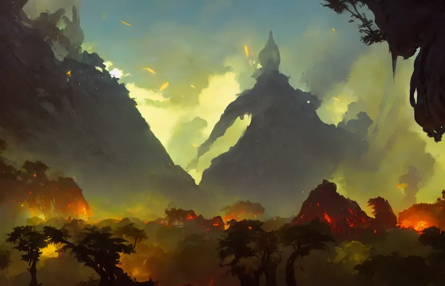 Prompt: greg manchess concept art of a the volcanic jungle dimension, key visual, ambient lighting, highly detailed, digital painting, artstation, concept art, sharp focus, by makoto shinkai and akihiko yoshida and hidari and wlop and greg rutkowski