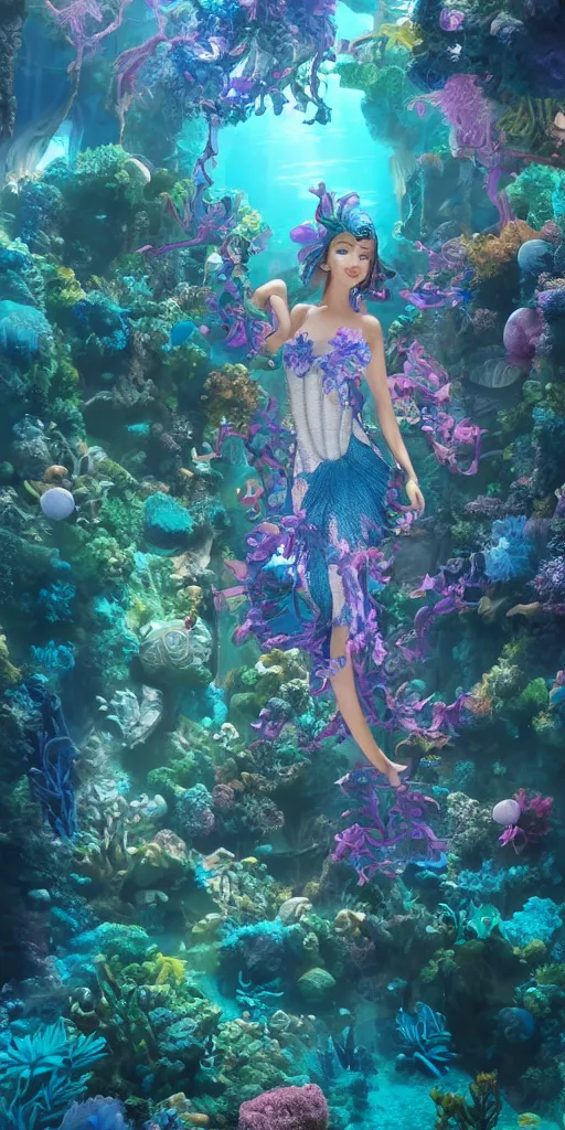 Image similar to #background a underwater city of Atlantis, anthropomorphic betta fish woman wearing a flowing couture dress made out of paper blue Bougainvillea, paper flowers, many origami betta fish, Origami coral, magestic light, 3D, very detailed, octane render, trending ArtStation, artgem