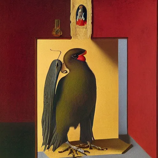 Image similar to portrait of a dramatic parot suffering, painting by Jan van Eyck, Audubon, Rene Magritte, Agnes pelton, max ersent, Walton ford,