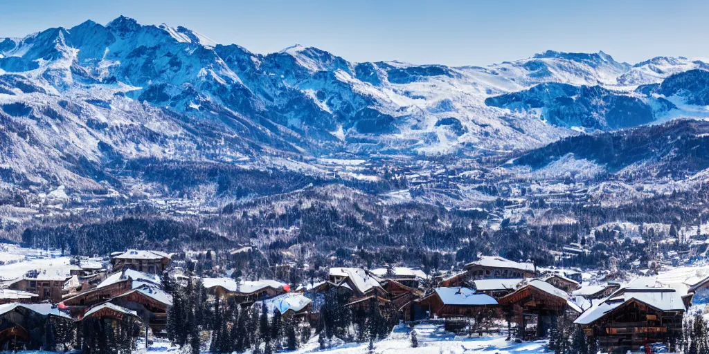 Prompt: mountains and ski resort at background, clear weather, artistic style, 8 k