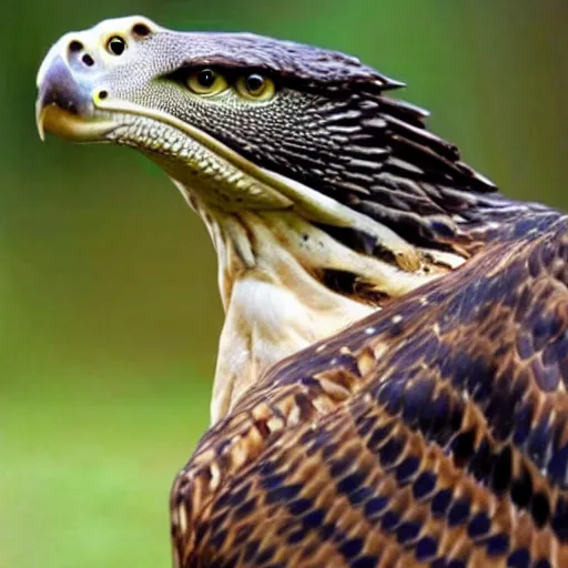 Image similar to hawk and crocodile morphed together, half crocodile, half hawk, real picture taken in zoo, realistic hawk proportions, head of crocodile is seamlessly merged with hawk