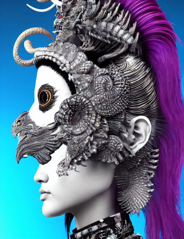 Image similar to 3 d goddess close - up profile portrait punk with mohawk with ram skull. beautiful intricately detailed japanese crow kitsune mask and clasical japanese kimono. betta fish, jellyfish phoenix, bio luminescent, plasma, ice, water, wind, creature, artwork by tooth wu and wlop and beeple and greg rutkowski