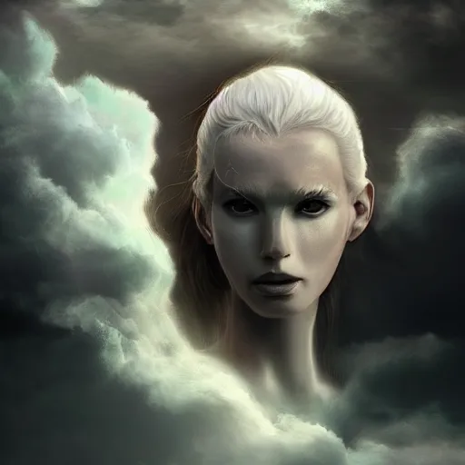 Prompt: a colossal goddess is looking on us from above, creative, albino skin, giant, digital art, photo manipulation, clouds, covered in clouds, covered by clouds, white hair, digital painting, artstation