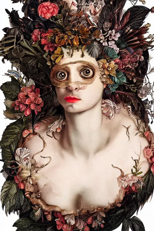 Image similar to Detailed maximalist portrait a with large lips and with large eyes, exasperated expression, fleshy botanical, high fashion, HD mixed media, 3D collage, highly detailed and intricate, surreal illustration in the style of Caravaggio and Jenny saville, dark art, baroque