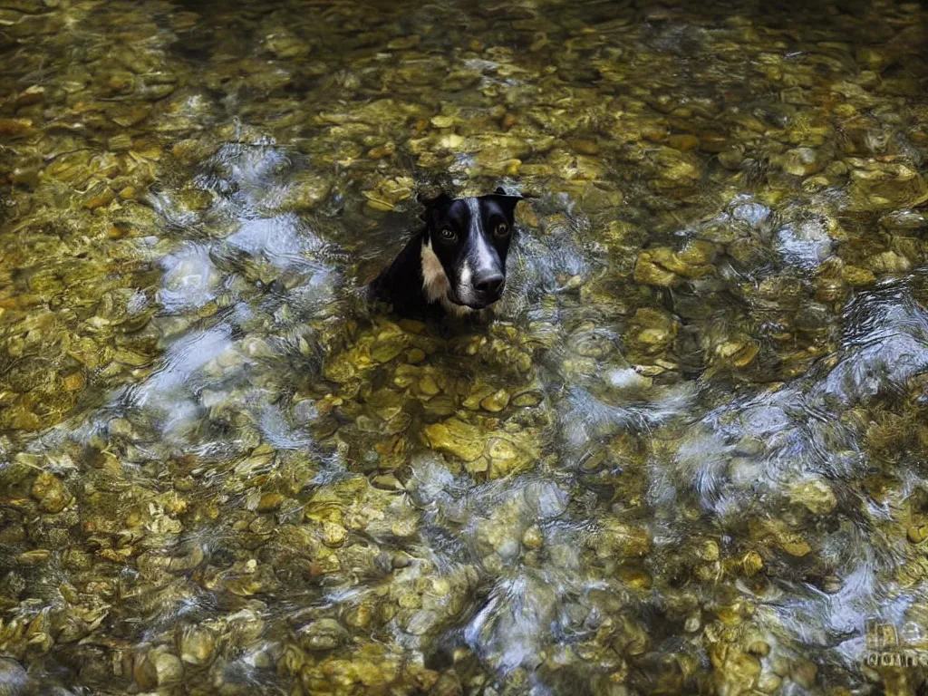 Prompt: a dog standing!!!!! in a stream!!!!!, looking down, reflection in water, ripples, beautiful!!!!!! swiss forest, photograph, character design, national geographic, soft focus