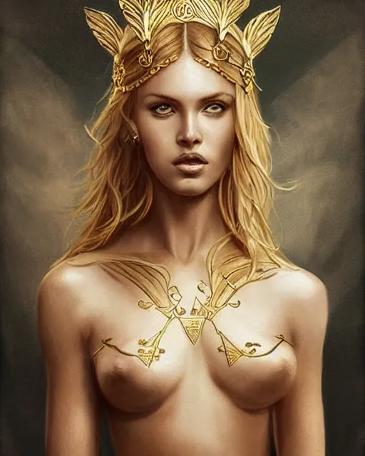 Image similar to tattoo sketch of hot blonde super model as aphrodite greek goddess wearing a gold laurel wreath and triangle earrings, beautiful piercing gaze with sharp pupils, in the style of greg rutkowski, fantasy, amazing detail, epic, elegant, smooth, sharp focus, front view