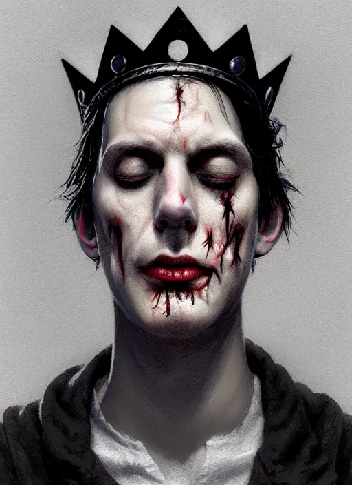 Image similar to portrait of zombie jughead jones wearing a light grey crown, photorealistic, zombie, crown, eyes closed, crown, black hair, intricate, elegant, glowing lights, highly detailed, digital painting, artstation, concept art, sharp focus, illustration, art by wlop, mars ravelo and greg rutkowski