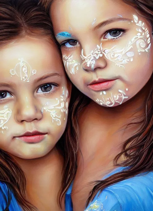 Prompt: a beautiful detailed painting of two girls face painting, realistic, f 8, 4 k hd wallpaper