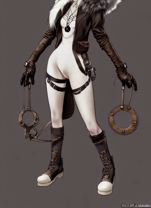 Prompt: wide angle beautiful full body portrait of a strong female anthropomorphic anthro lynx fursona wearing a steampunk leather. from behind, character design by disney, anime, manga, charlie bowater, ross tran, artgerm, and makoto shinkai, detailed, soft lighting, rendered in octane, white fur, white face, lynx facial features