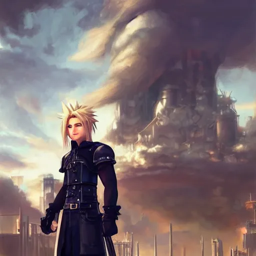 Image similar to a portrait painting ofcloud strife from final fantasy 7, midgard steam punk city as backdrop, by greg rutkowski, artgerm, wlop, ruan jia, krenz cushart, alphonse mucha, marble, gold, unreal engine 5