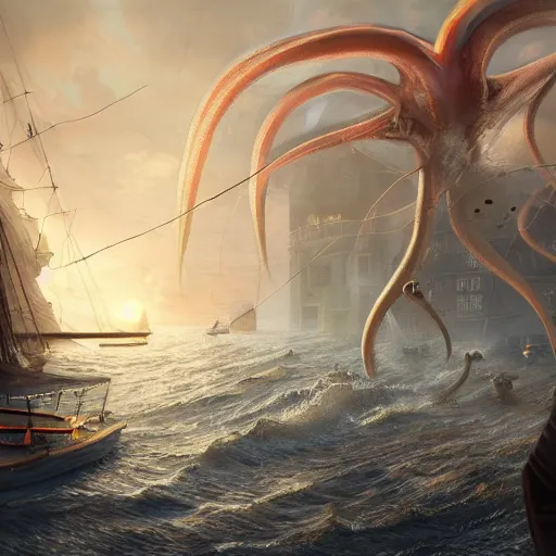 Prompt: giant squid attacking everyone in amsterdam, fantasy, high detail, elegant, digital painting, cinematic lighting, textured skin, highly detailed, artstation, unreal engine 5, breathtaking, illustration, ilya kuvshinov, nikolay makovsky