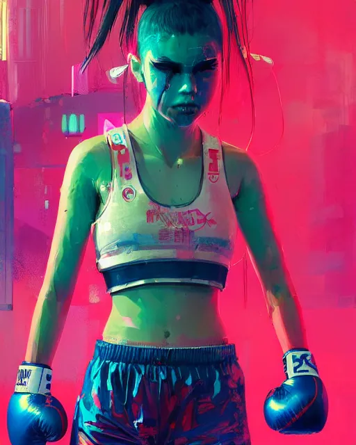 Image similar to detailed portrait Neon boxer Girl, cyberpunk futuristic neon, reflective crop top and shorts, boxing gloves, decorated with traditional Japanese ornaments by Ismail inceoglu dragan bibin hans thoma greg rutkowski Alexandros Pyromallis Nekro Rene Maritte Illustrated, Perfect face, fine details, realistic shaded, fine-face, pretty face