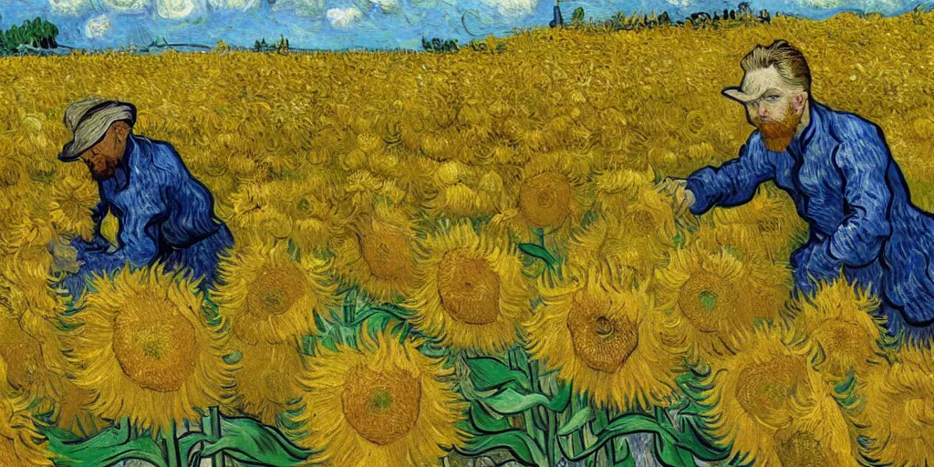 Prompt: an oil painting of van gogh is painting in a sunflower filed, by van gogh