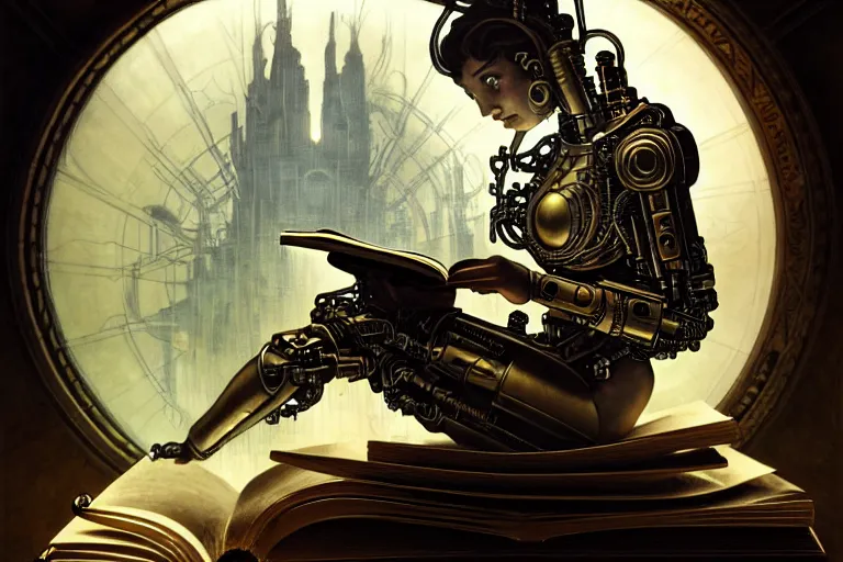 Image similar to a cyborg reading from an old book with a leather cover, fantasy, sci-fi, intricate, elegant, dramatic lighting, highly detailed, lifelike, photorealistic, digital painting, artstation, concept art, smooth, sharp focus, illustration, art by John Blanche and Paul Dainton and Darren Tan and Pierre Loyvet and Alphonse Mucha