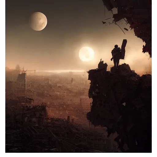 Prompt: A portrait of a suicidal girl, ruins of a destroyed city and a yellow-red full moon on background, techwear, dark, atmosphere, natural volumetric light, intricate, highly detailed, digital painting, concept art, sharp focus, illustration, art by greg rutkowski, matte painting, trending on artstation, rule 34