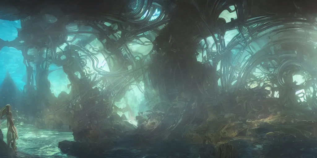 Image similar to an underwater landscape in the abyss, futuristic cathedral underwater, photorealistic, people, fishes, light rays from above the surface, realistic paint, specular light, high contrast, highly detailed, 4k, shallow depth of field, cinematic light, concept art, artstation, art by Enrich Victor, Alphonse Mucha