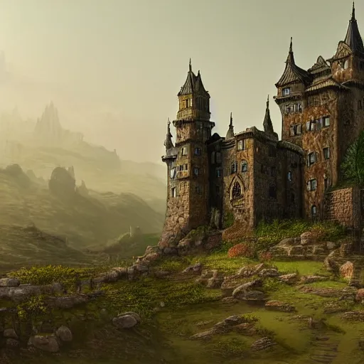 Prompt: a fantasy matte painting of a lone castle in barren fields, artstation, intricate details