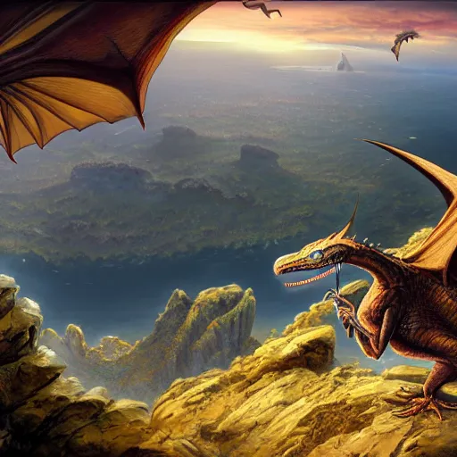 Prompt: a large pterodactl dragon hybrid sitting on a cliff high on a mountain. dark color, ultra wide angle, panoramic, fish eye, colorfull painting, centered, front, horizon, outline, detailed, art by stephan martiniere, 4 k resolution