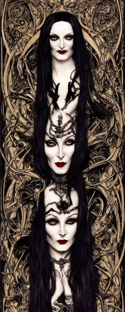 Image similar to striking sensual gorgeous grindcore art nouveau portrait of morticia addams as a goregrind death metal rebel by chris achilleos, giger, simon bisley and alphonse mucha, photorealism, extremely hyperdetailed, perfect symmetrical facial features, perfect anatomy, ornate declotage, weapons, circuitry, high technical detail, determined expression, piercing gaze